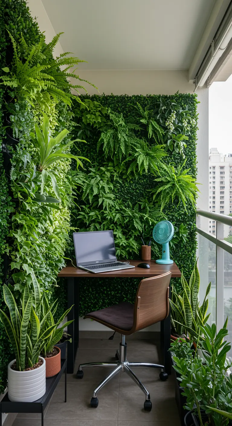 A home office setup with a desk and laptop in front of a lush living wall on a balcony.