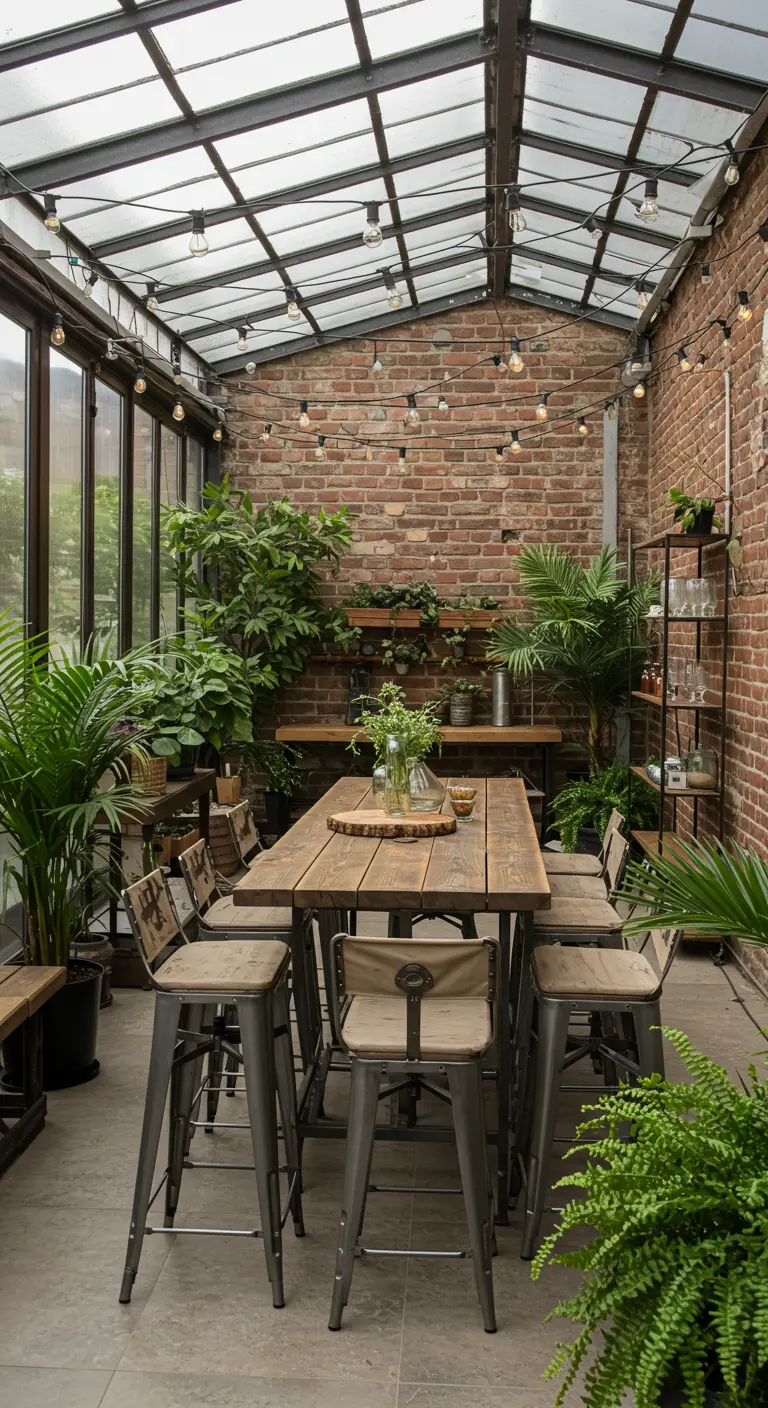An industrial-style sunroom filled with plants, a wood table, and metal stools.