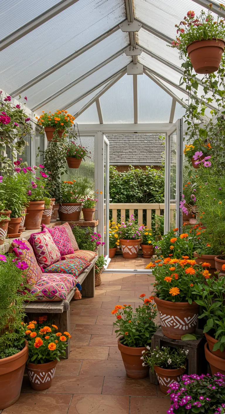 A greenhouse filled with flowers, a wooden bench covered in colorful bohemian pillows.