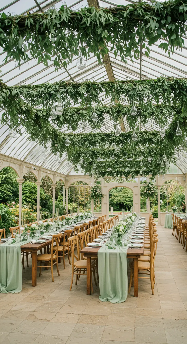 Long wedding tables in a glass conservatory with a lush green canopy overhead.