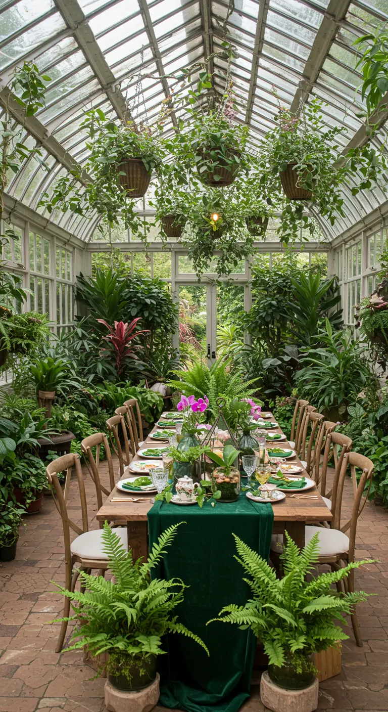 A tea party table set inside a beautiful greenhouse filled with hanging plants and ferns.