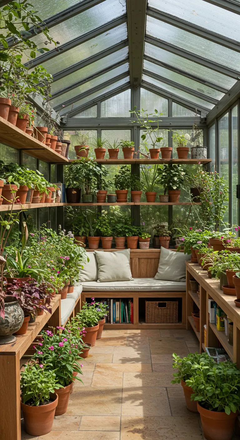 A reading bench inside a glass greenhouse, surrounded by shelves filled with potted plants.