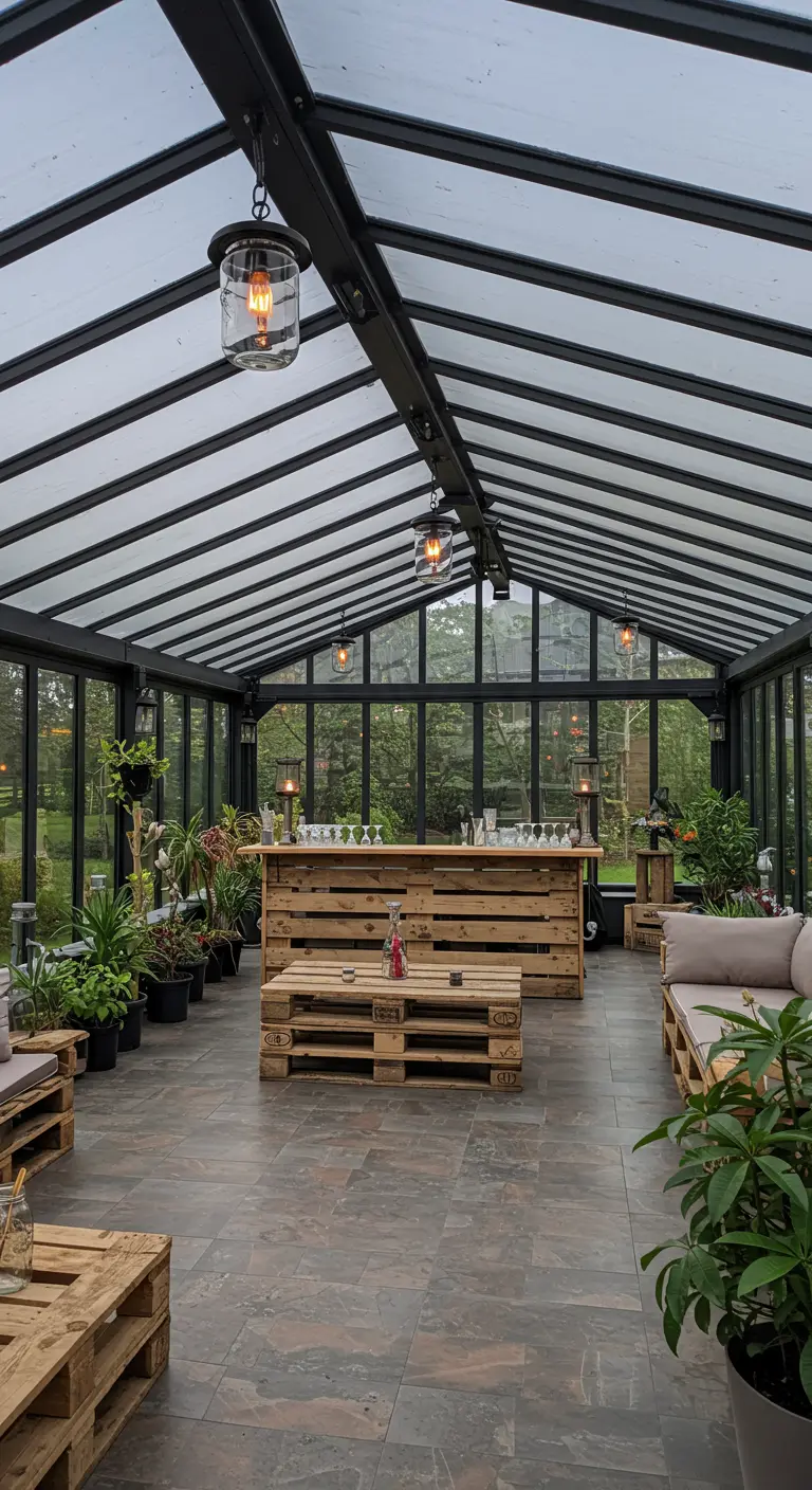 An entire bar, coffee table, and seating area made from natural pallets inside a modern greenhouse.