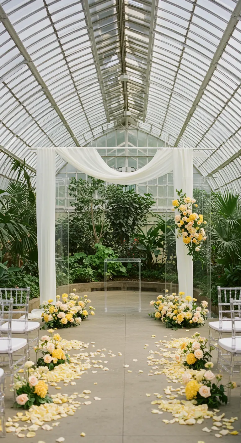 Modern acrylic wedding arch in a greenhouse with yellow and white rose arrangements.