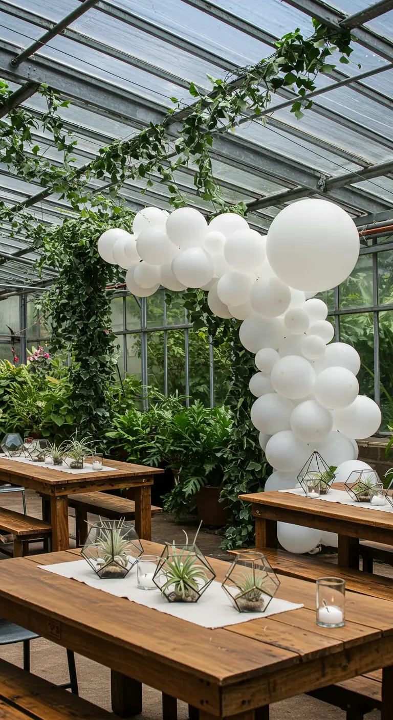A white balloon garland arching over rustic wooden tables inside a lush greenhouse.