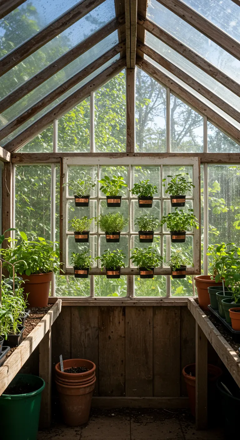 A vintage window frame holding small herb pots mounted inside a sunny, productive greenhouse.