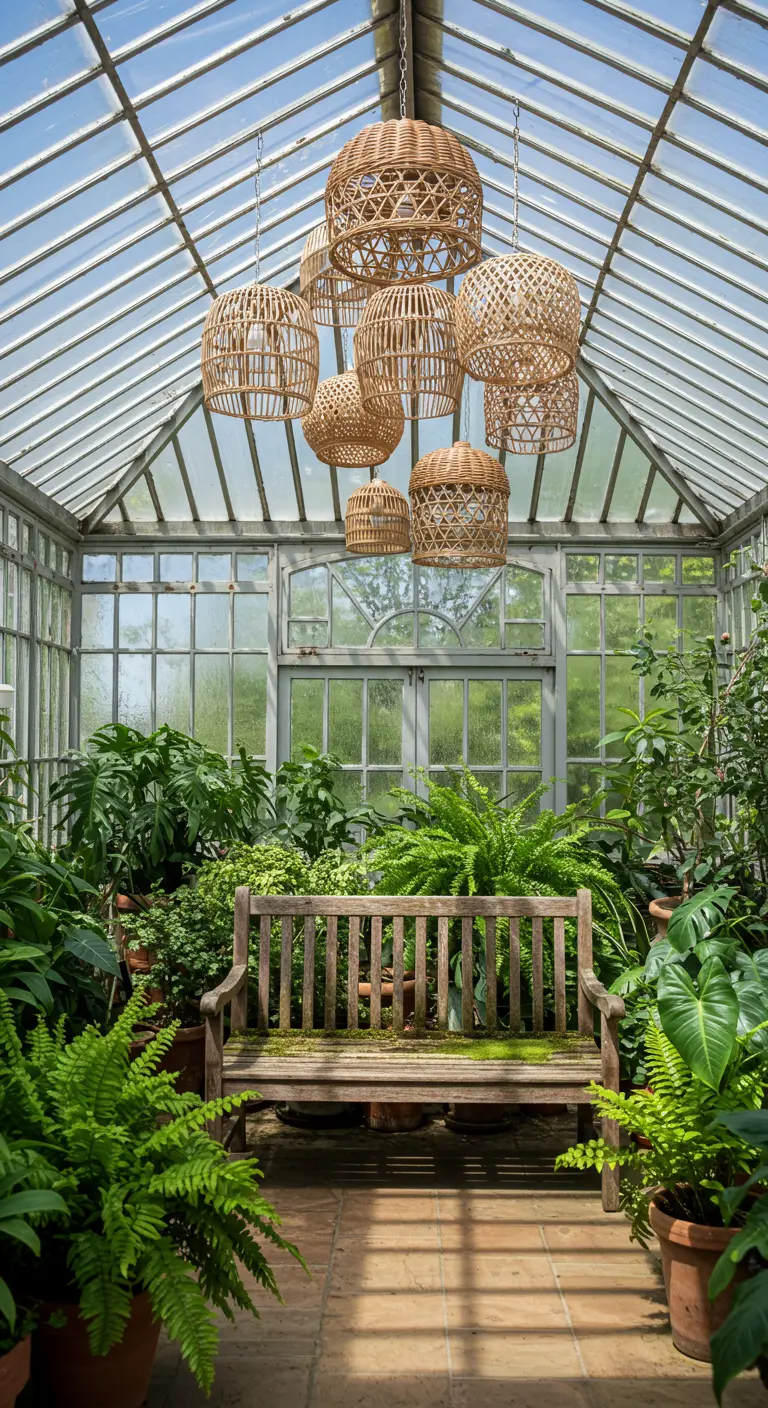A wooden bench inside a lush greenhouse filled with ferns, under hanging wicker pendants.