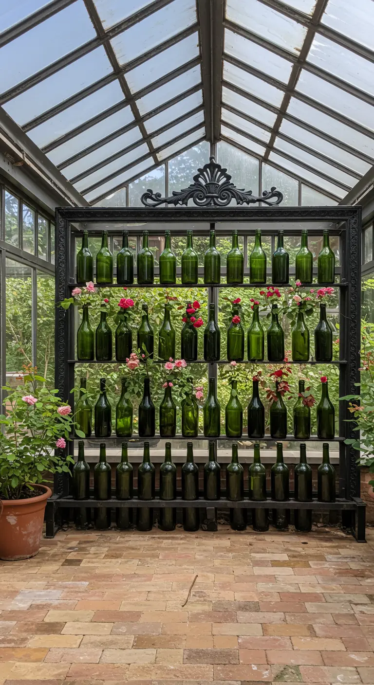 A large bottle rack inside a greenhouse, with some bottles holding pink roses.