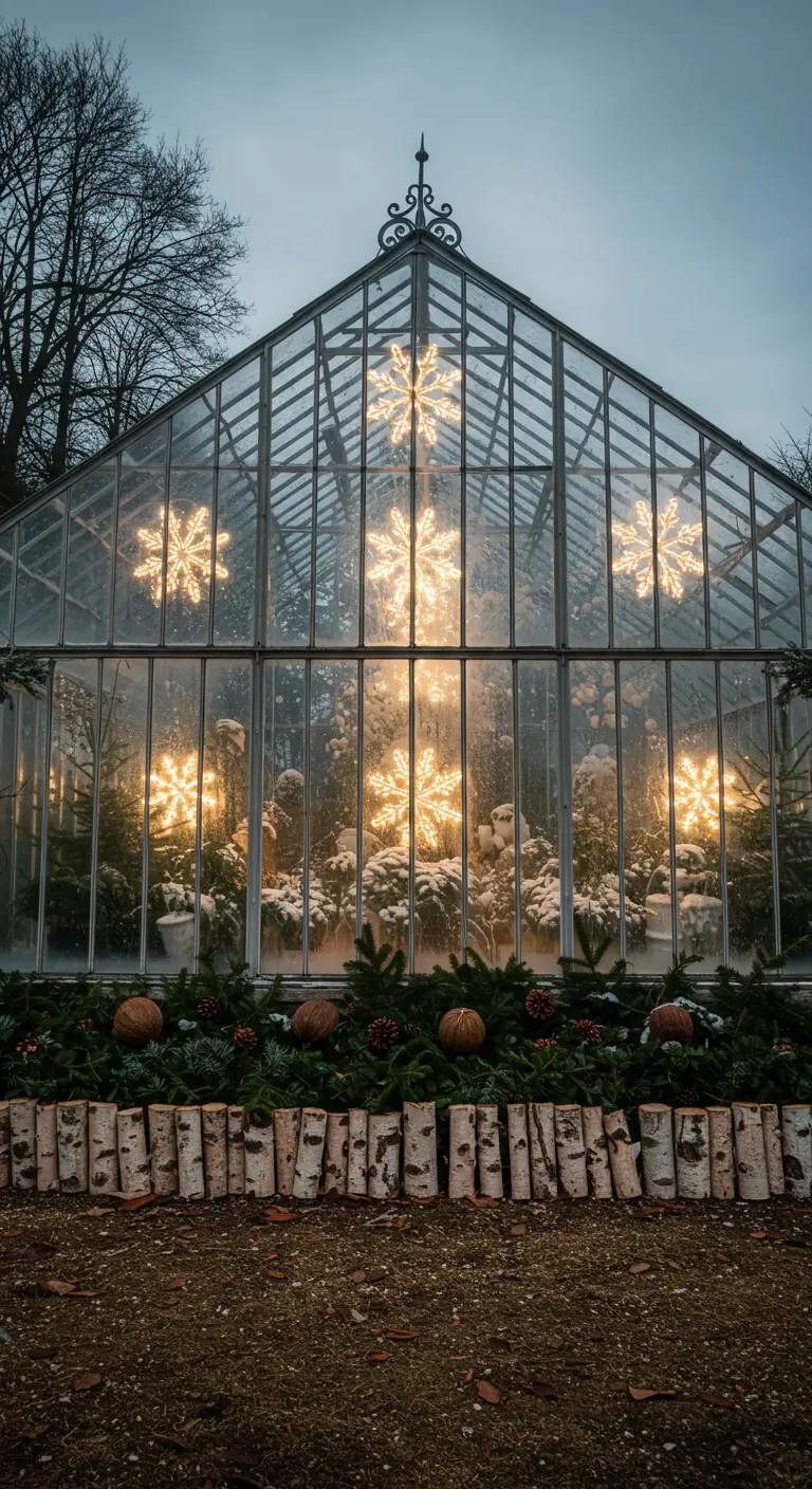 A glass greenhouse illuminated from within by large snowflake lights against the panes.