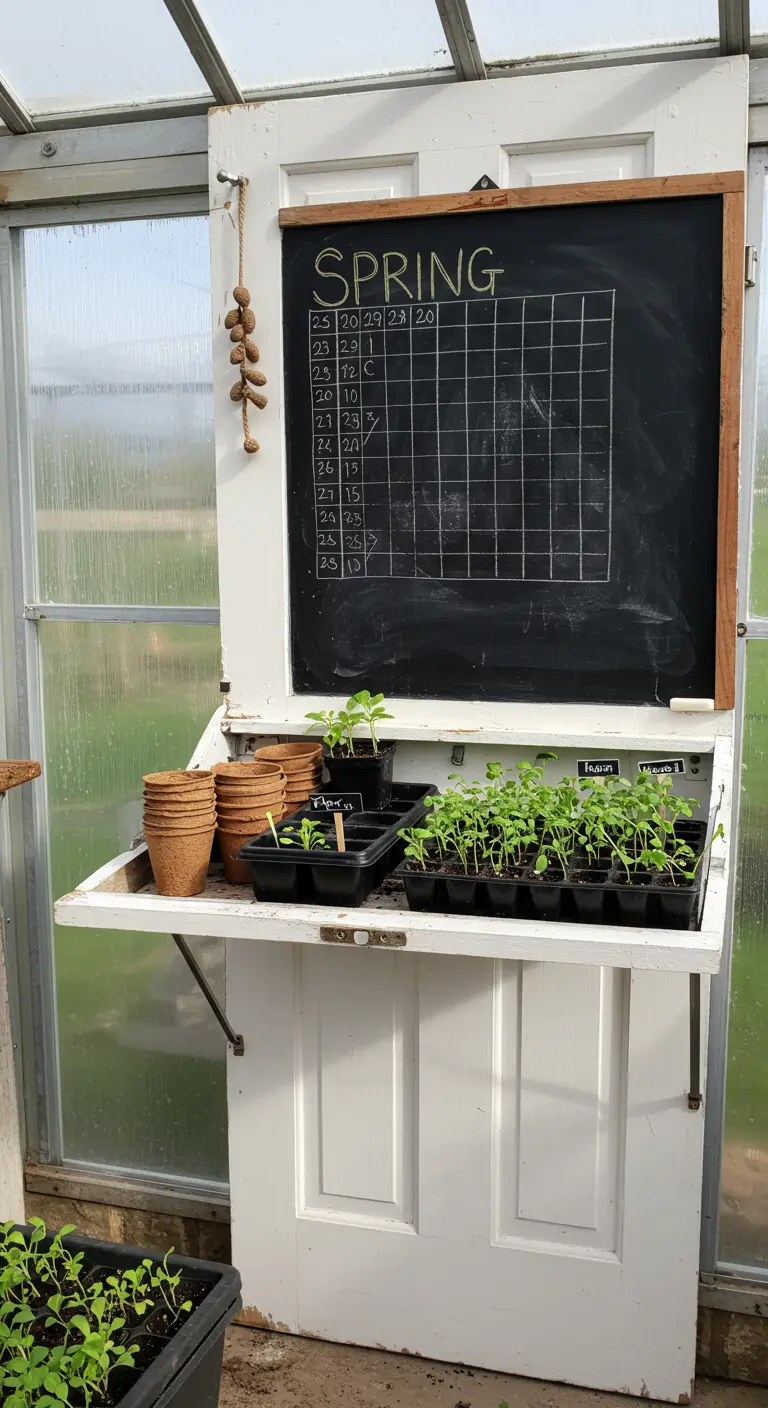 A white door in a greenhouse with a fold-down shelf used for starting seedlings.