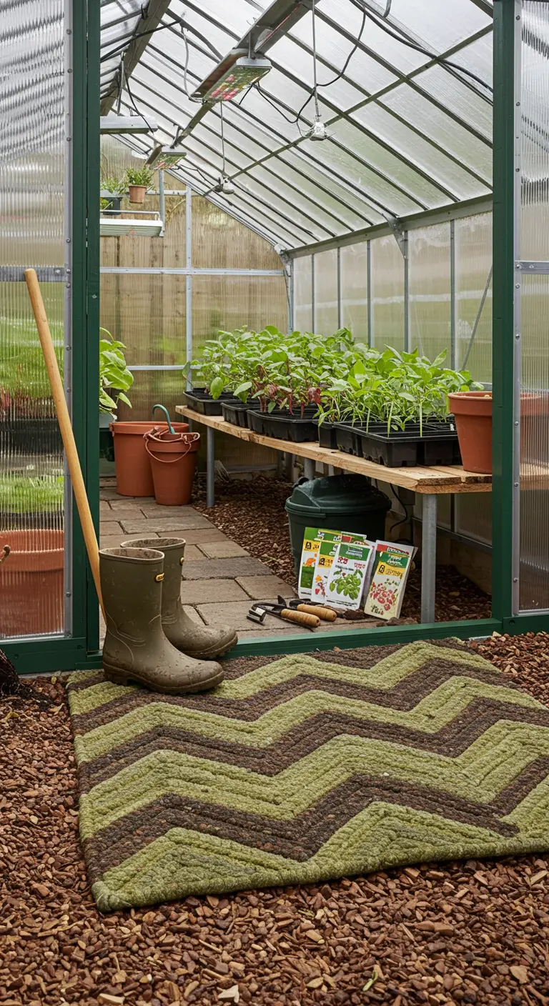 An earthy green and brown chevron rug at the entrance of a greenhouse full of seedlings.