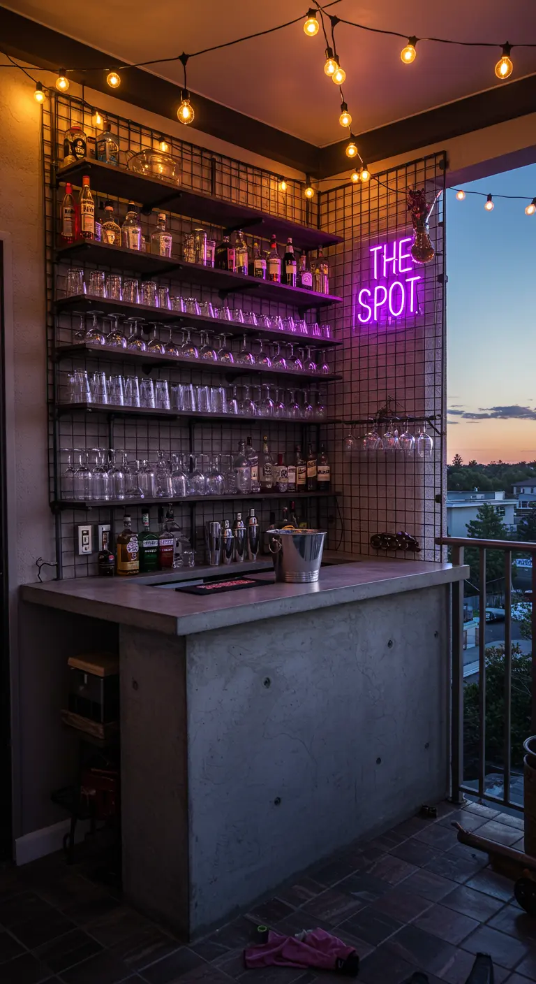 Compact balcony bar with a wire mesh grid for storage and a bright pink neon sign.