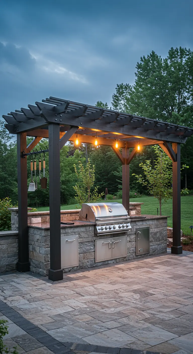 A dark pergola over a built-in outdoor kitchen with a stone base and stainless steel grill.