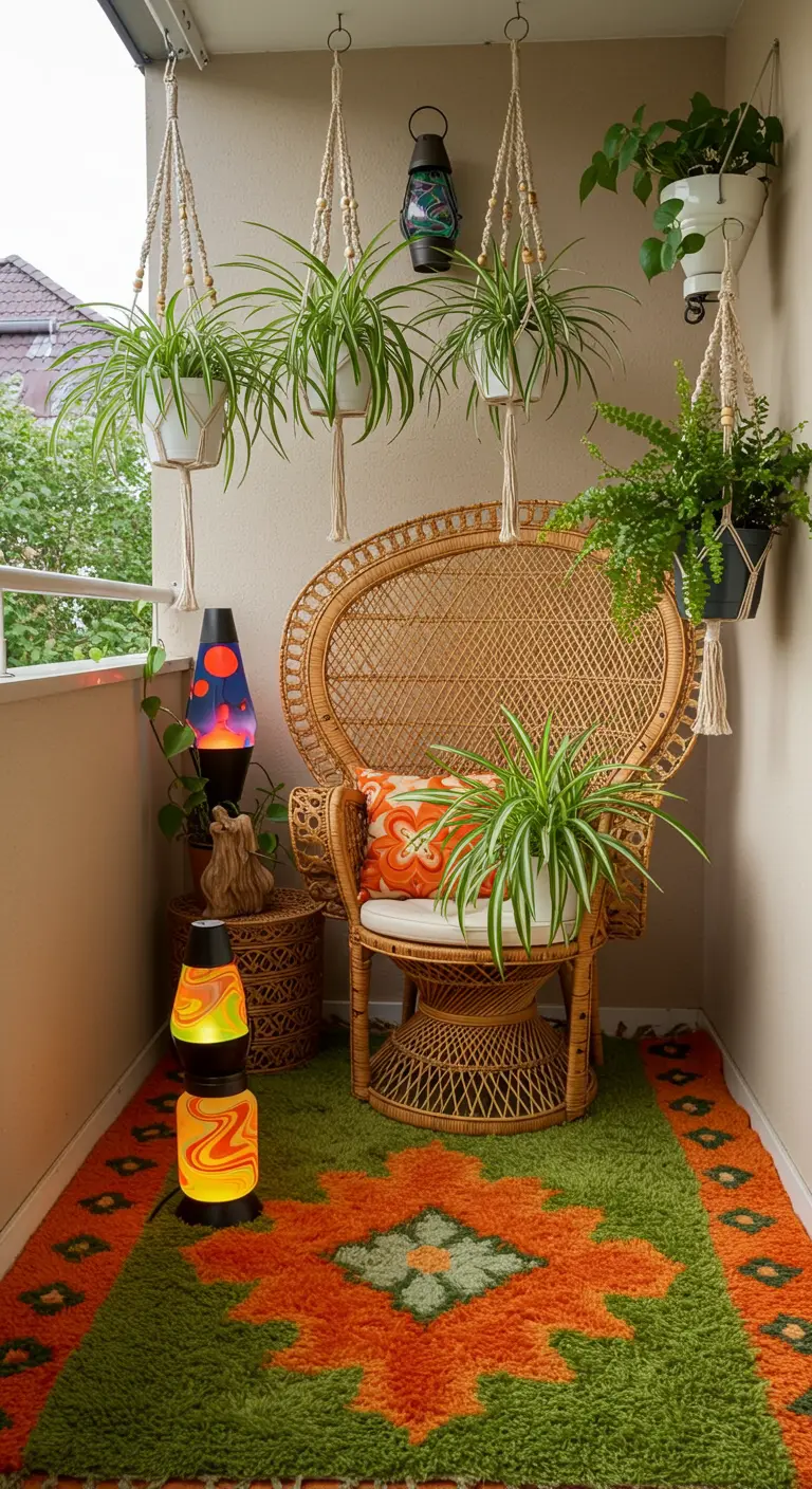 A retro balcony with a peacock chair, a green and orange shag rug, and lava lamps.