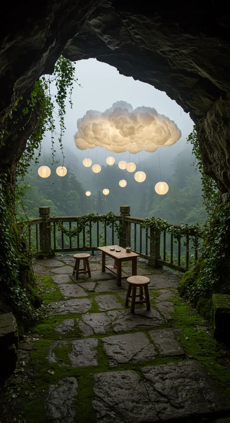 Balcony in a cave-like setting with a large glowing cloud light and paper lanterns.