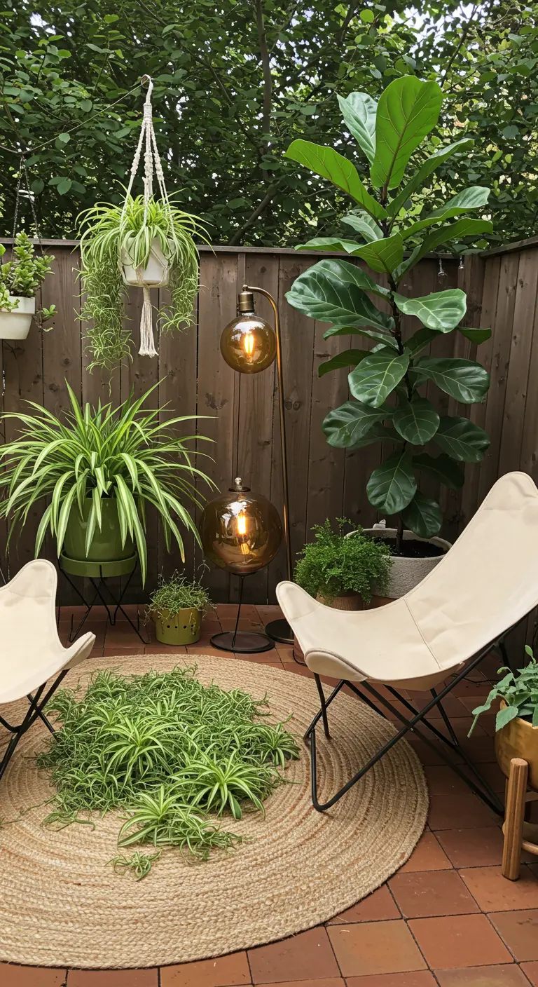 A patio with butterfly chairs arranged on a round jute rug around plants.