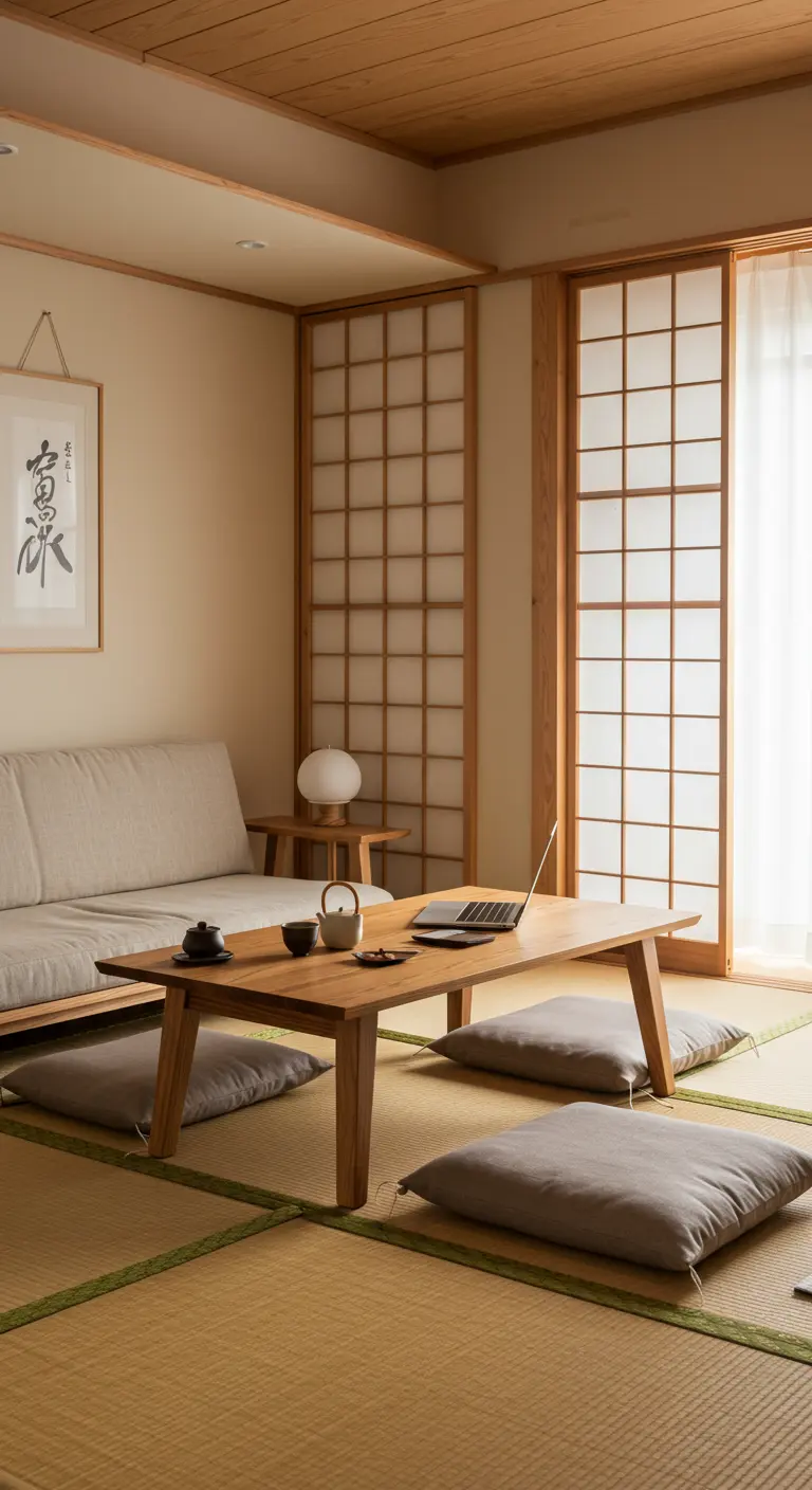 A low wooden table with a laptop and tea set, surrounded by floor cushions on a tatami mat.
