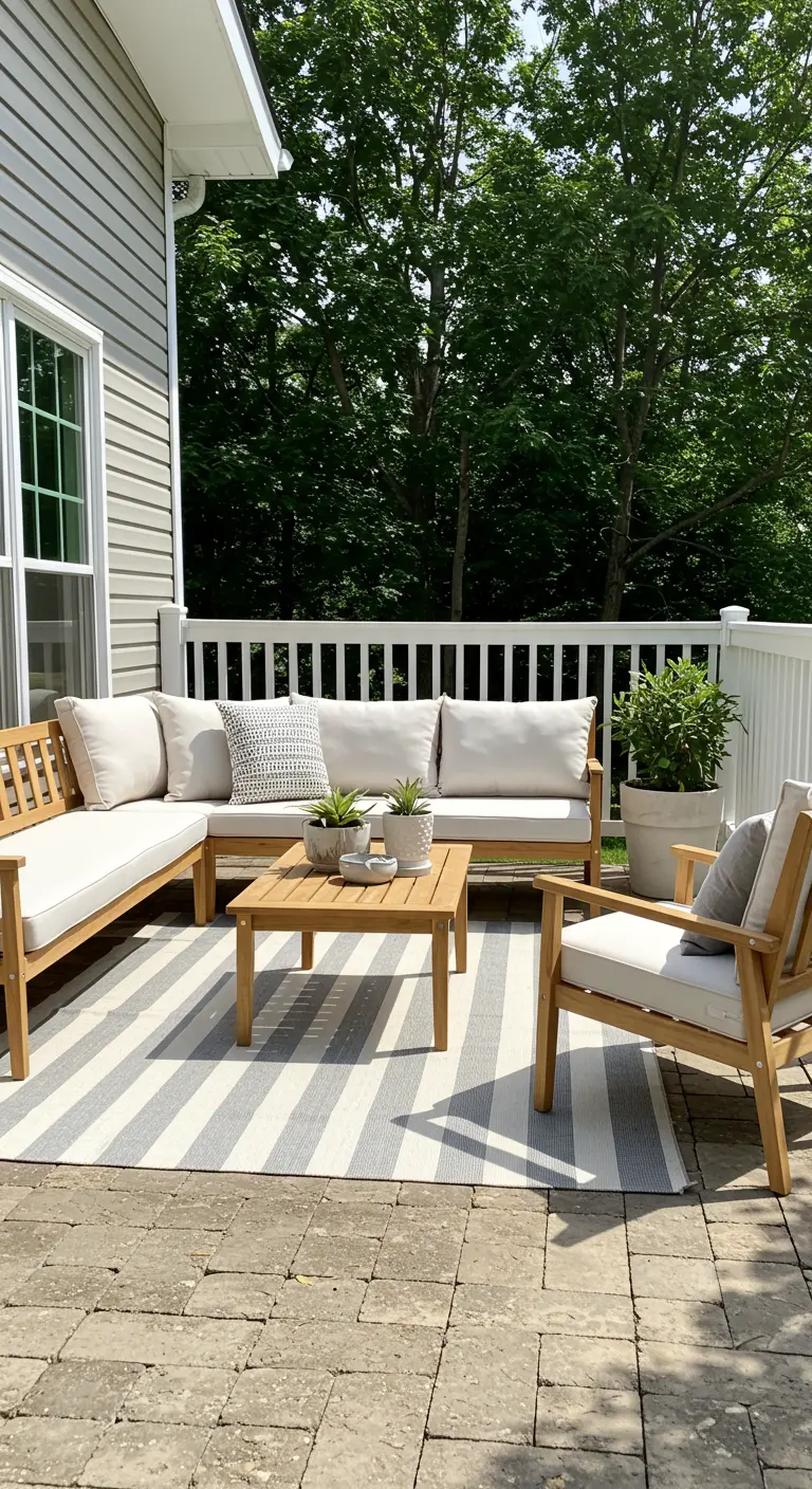 A light wood outdoor sofa and chair set on a grey and white striped rug on a stone patio.