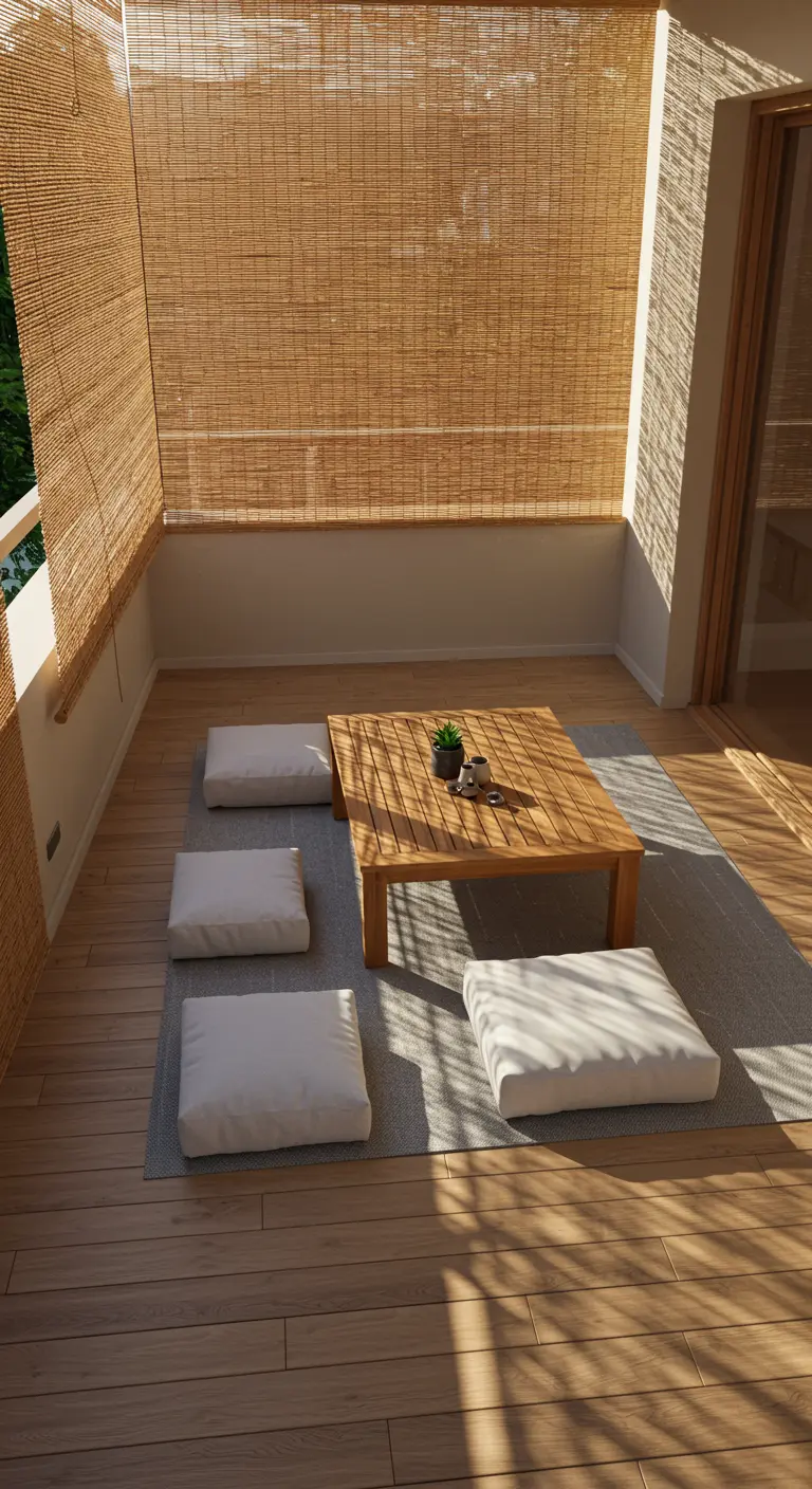 A low teak table and white floor cushions arranged neatly on a grey area rug on a wooden deck.