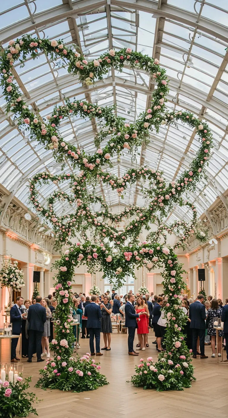 A massive, vine-like heart sculpture of greenery and roses in a glass atrium.