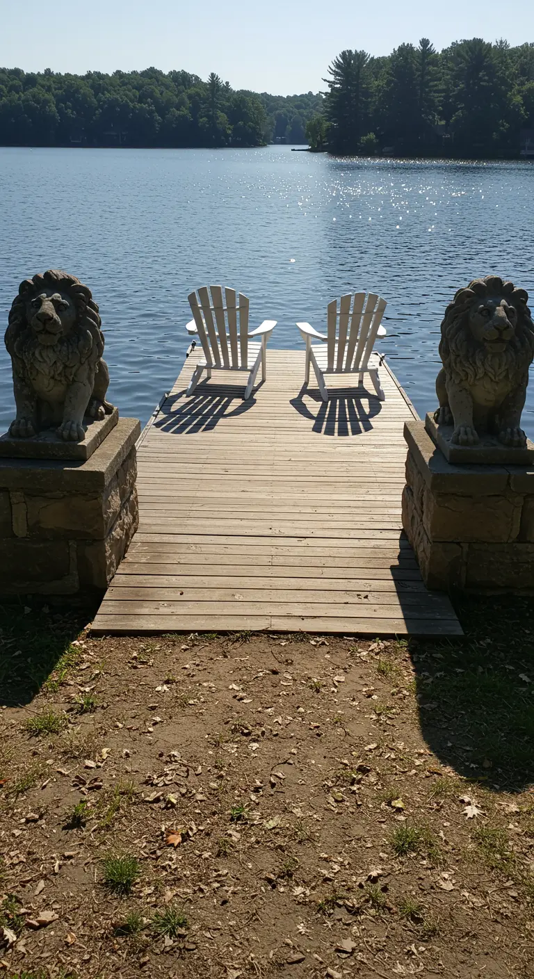 Two stone lion statues on plinths flank the entrance to a wooden dock with two chairs.