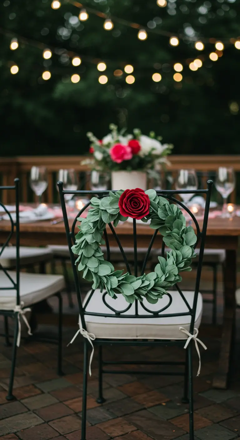 A mini-wreath made of green crepe paper leaves and a single red rose hangs on a chair.