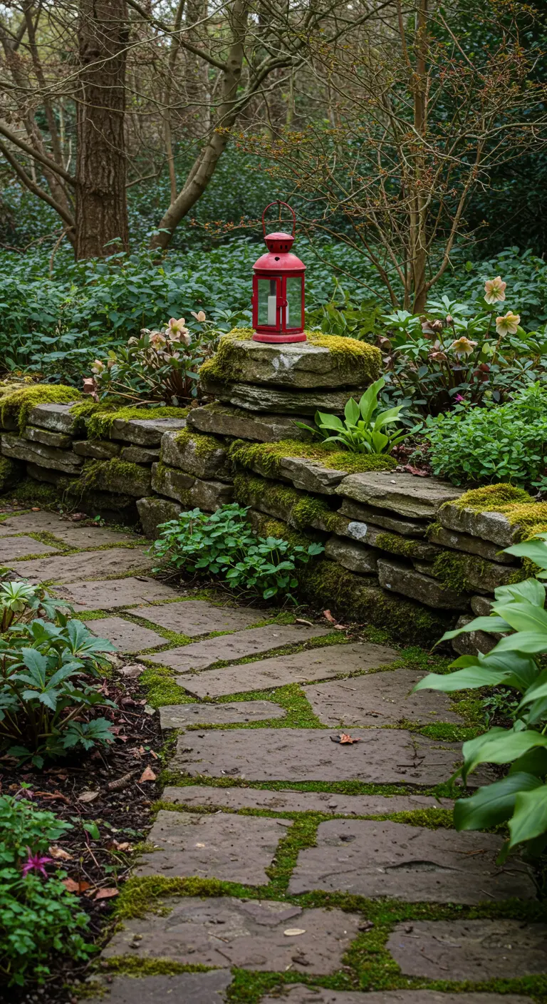 A red lantern sits on a mossy, low stone wall next to a winding stone path.