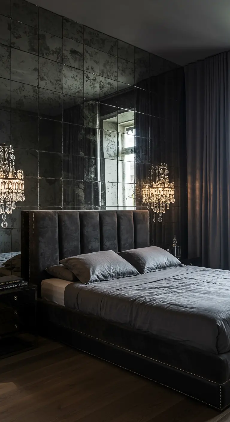 Bedroom with an antiqued mirror tile wall and crystal wall sconces.