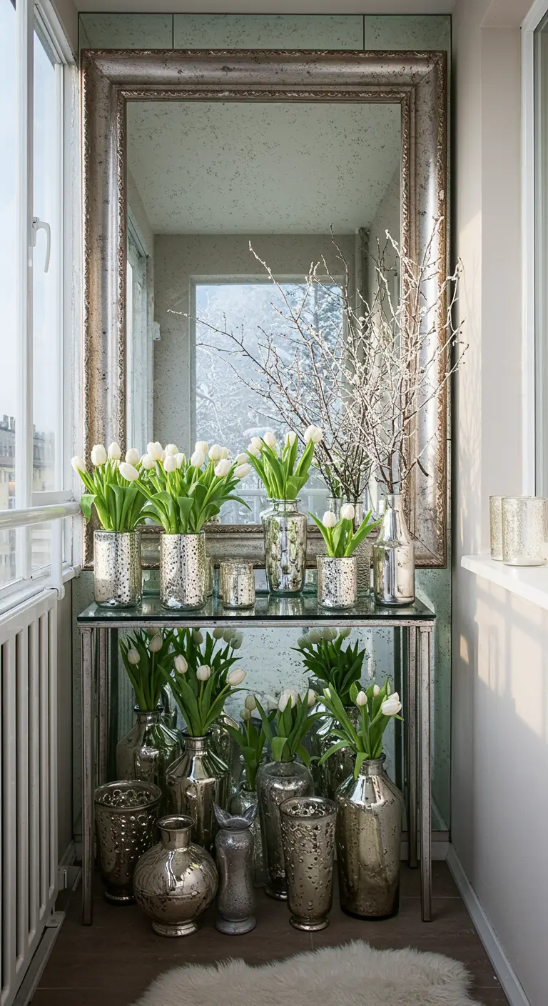 A small balcony with a large mirror reflecting a console table filled with white tulips in mercury glass.