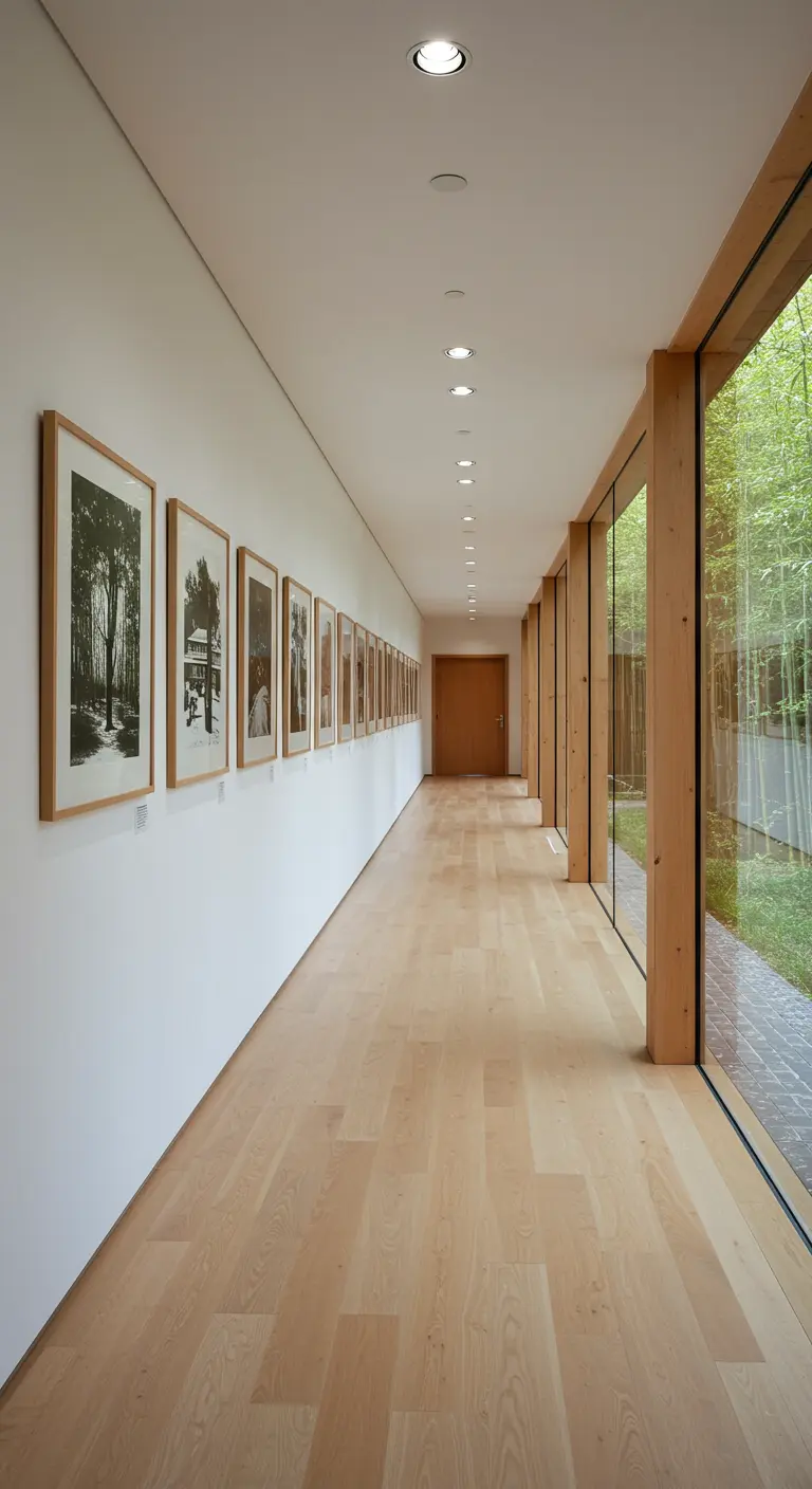 A long hallway with a gallery wall of black and white photos in light wood frames.