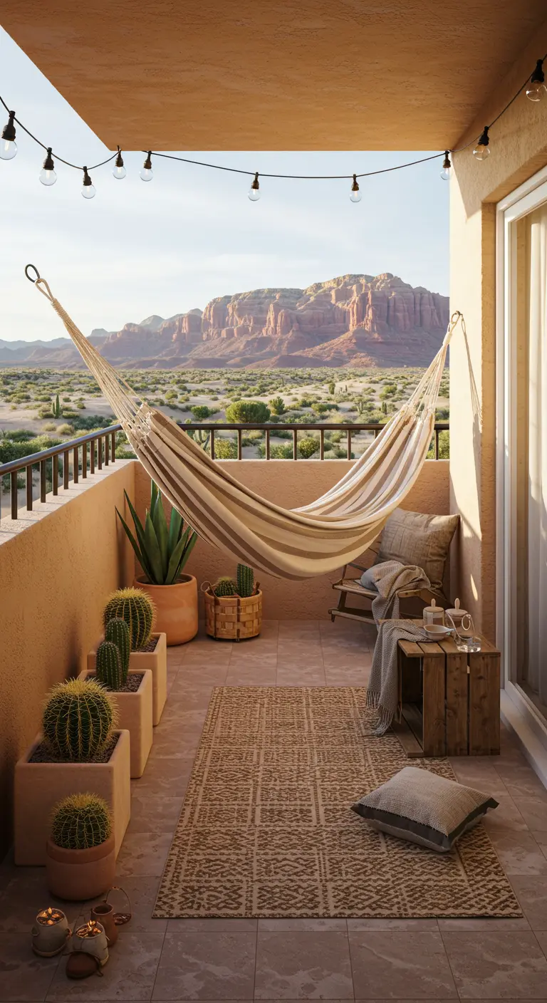 A balcony with a striped hammock, a view of red rock mountains, and potted cacti.