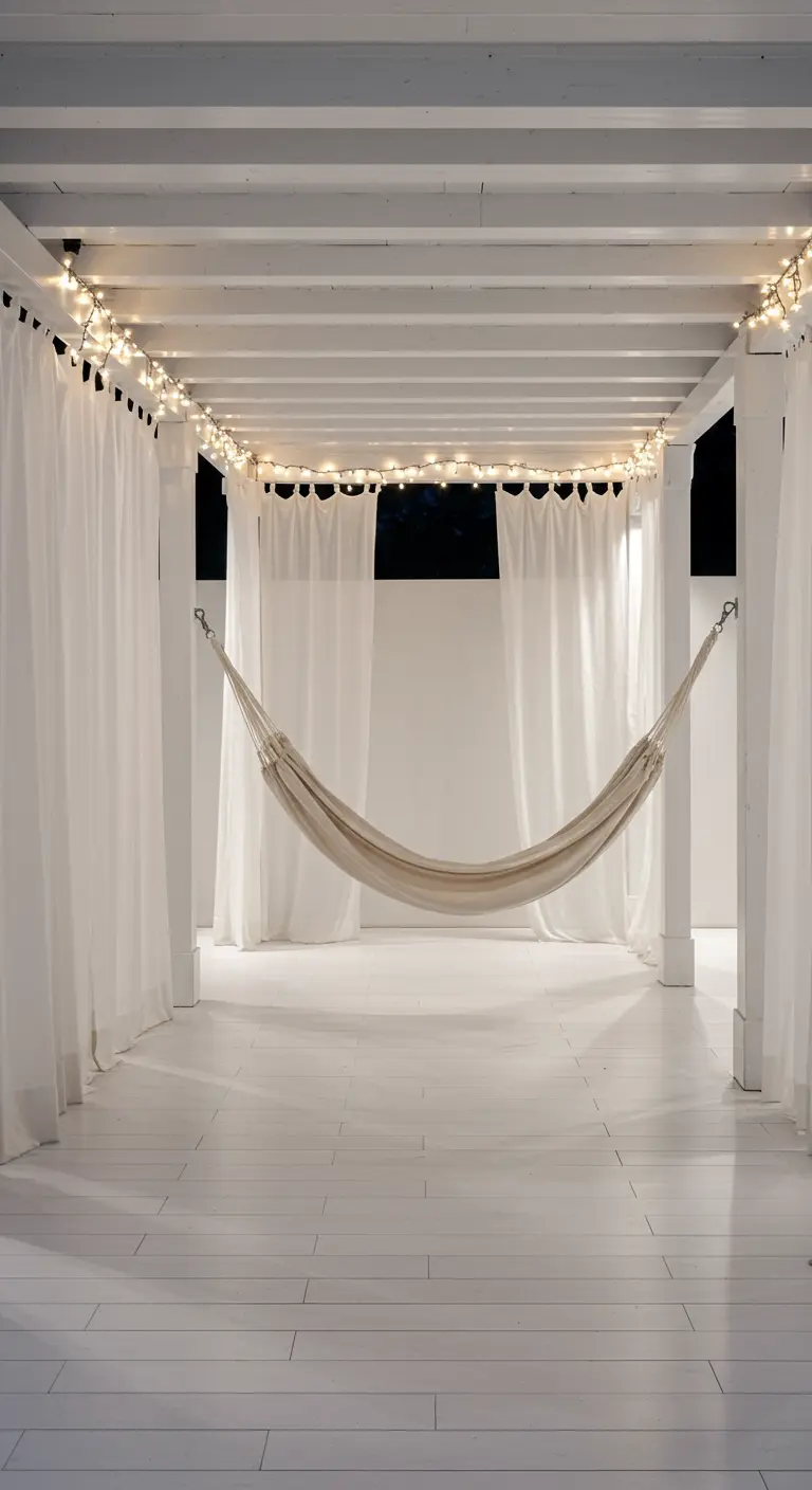 A white covered patio with a hammock strung between posts, surrounded by curtains and fairy lights.