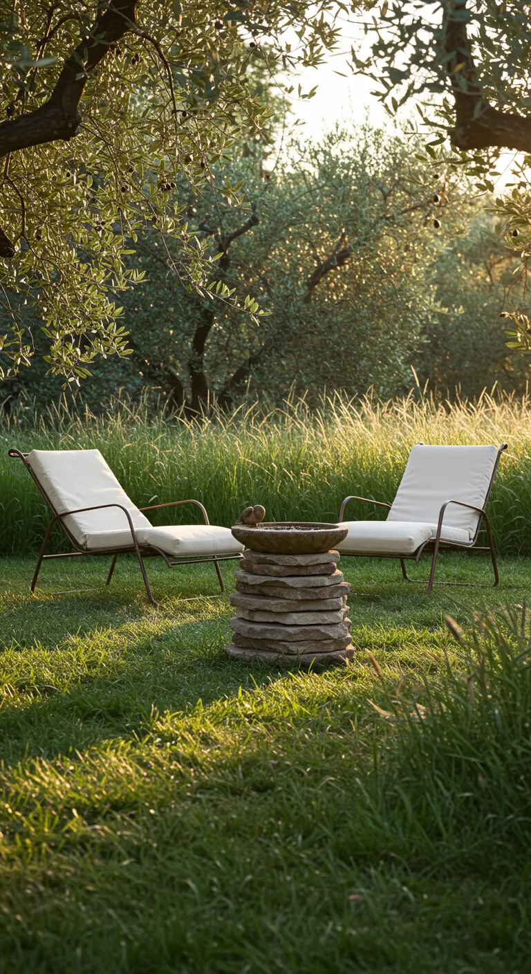 A rustic birdbath made of stacked flat stones sits in a grassy meadow between two loungers.