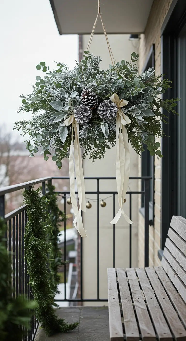 A hanging ball of frosted greenery and pinecones tied with cream ribbons on a balcony.