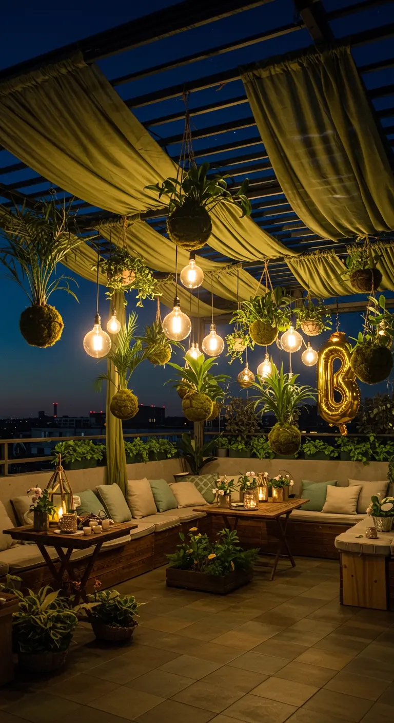 A rooftop party with a pergola decorated with hanging plants, green drapes, and Edison bulbs.