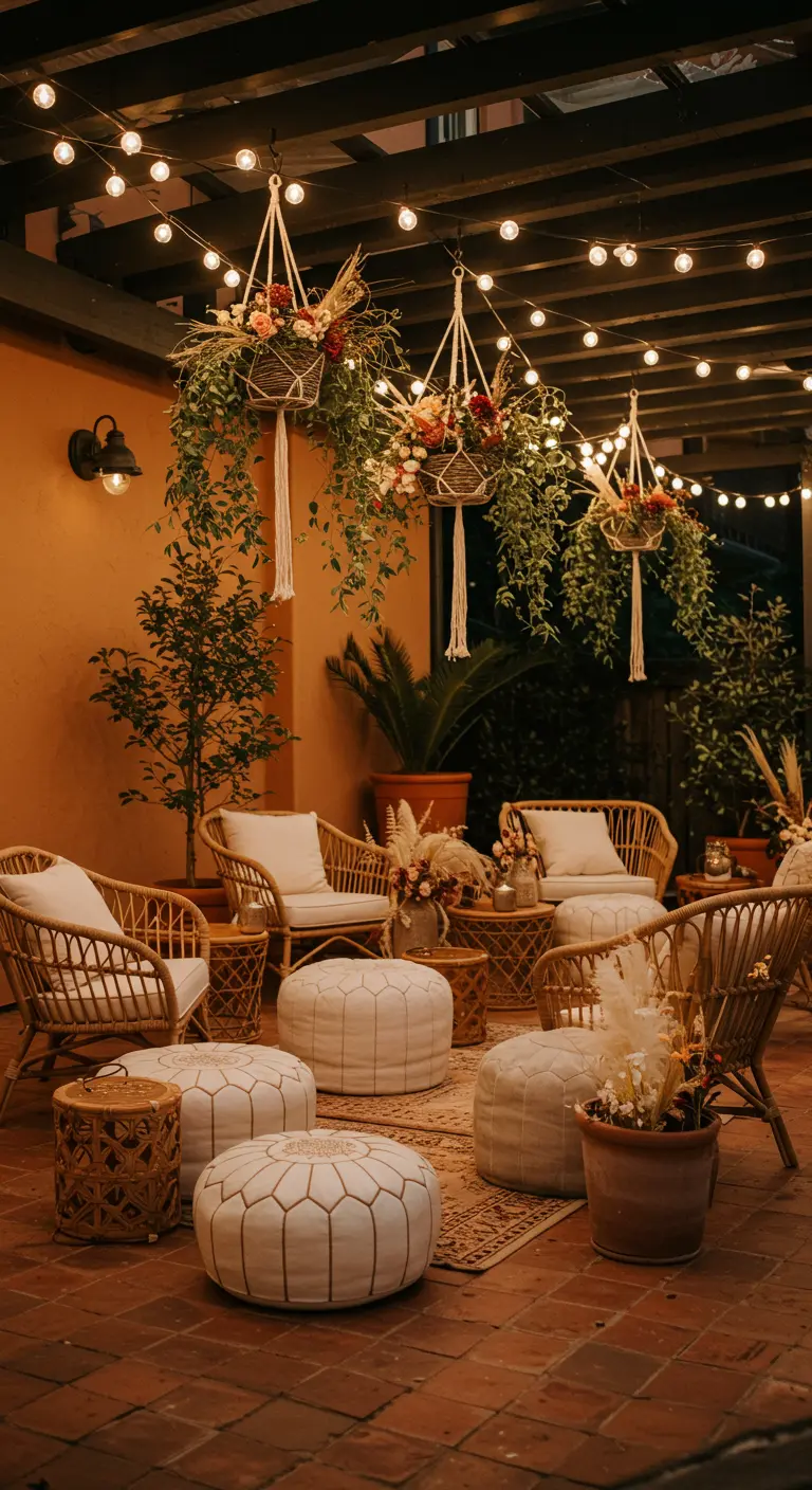 A patio lounge at night with rattan furniture and hanging baskets of flowers under string lights.