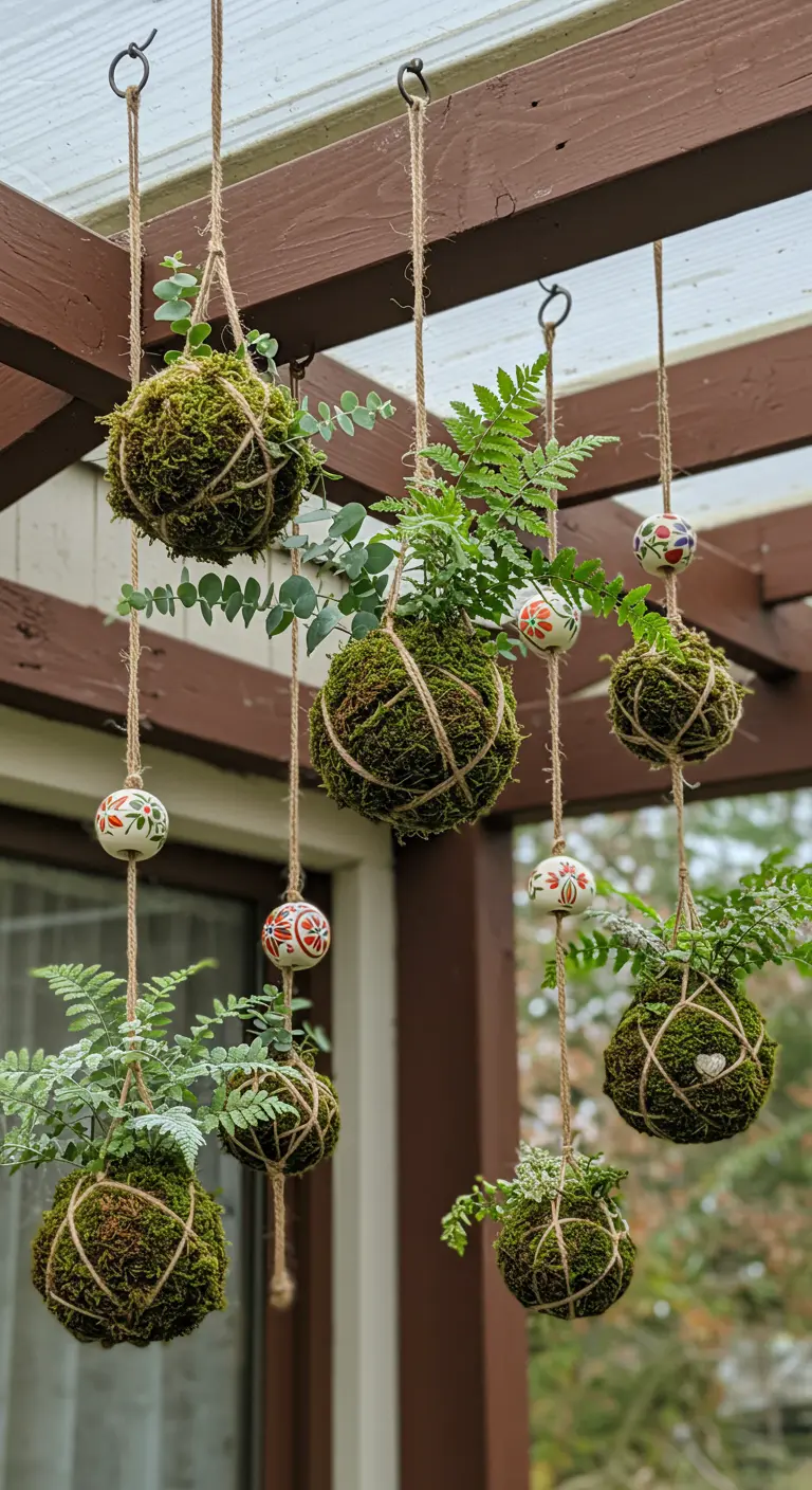 Hanging kokedama moss balls with ferns and painted ceramic ornaments.