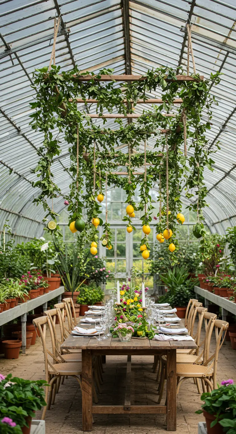 A wooden ladder draped in greenery and hanging lemons suspended over a dining table.
