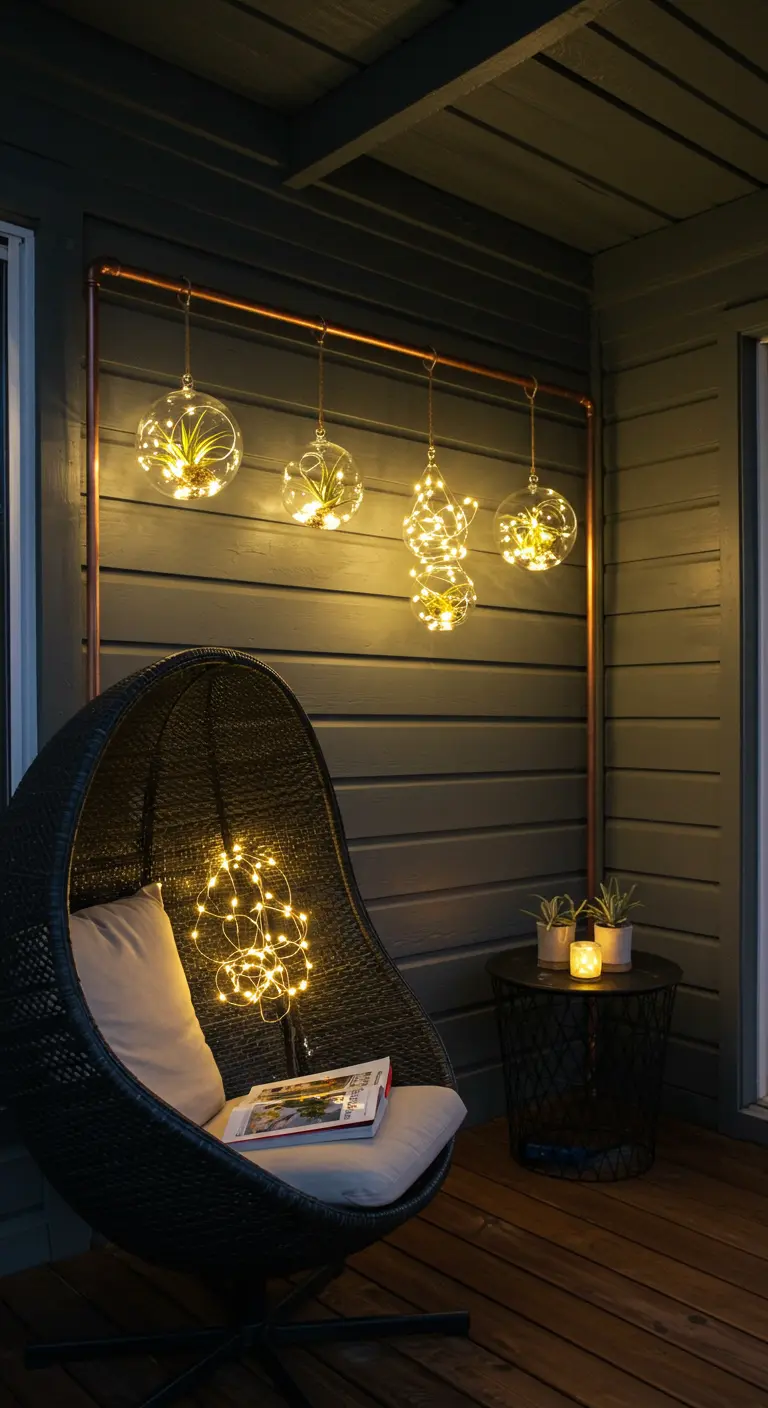 A copper pipe frame holding hanging glass terrariums filled with air plants and lights.