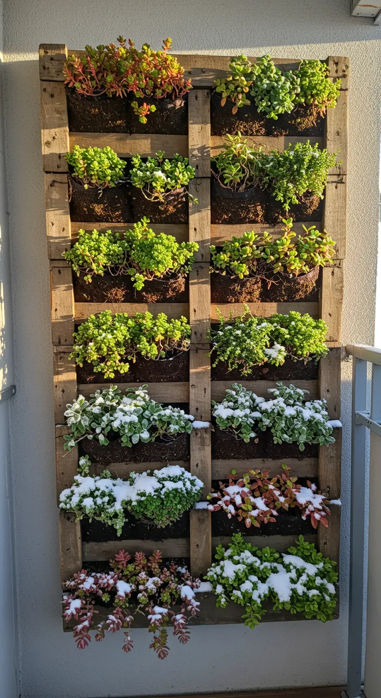 A vertical garden made from a wooden pallet, filled with snow-dusted hardy succulents.