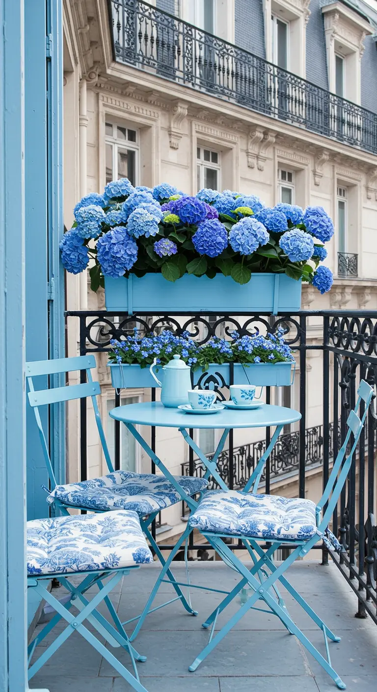 A balcony decorated entirely in shades of blue, from the furniture to the hydrangeas.