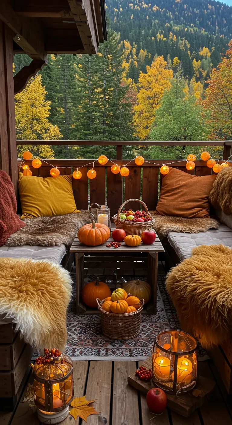 An autumn-themed balcony with pumpkins, apples, and warm-toned pillows and throws.