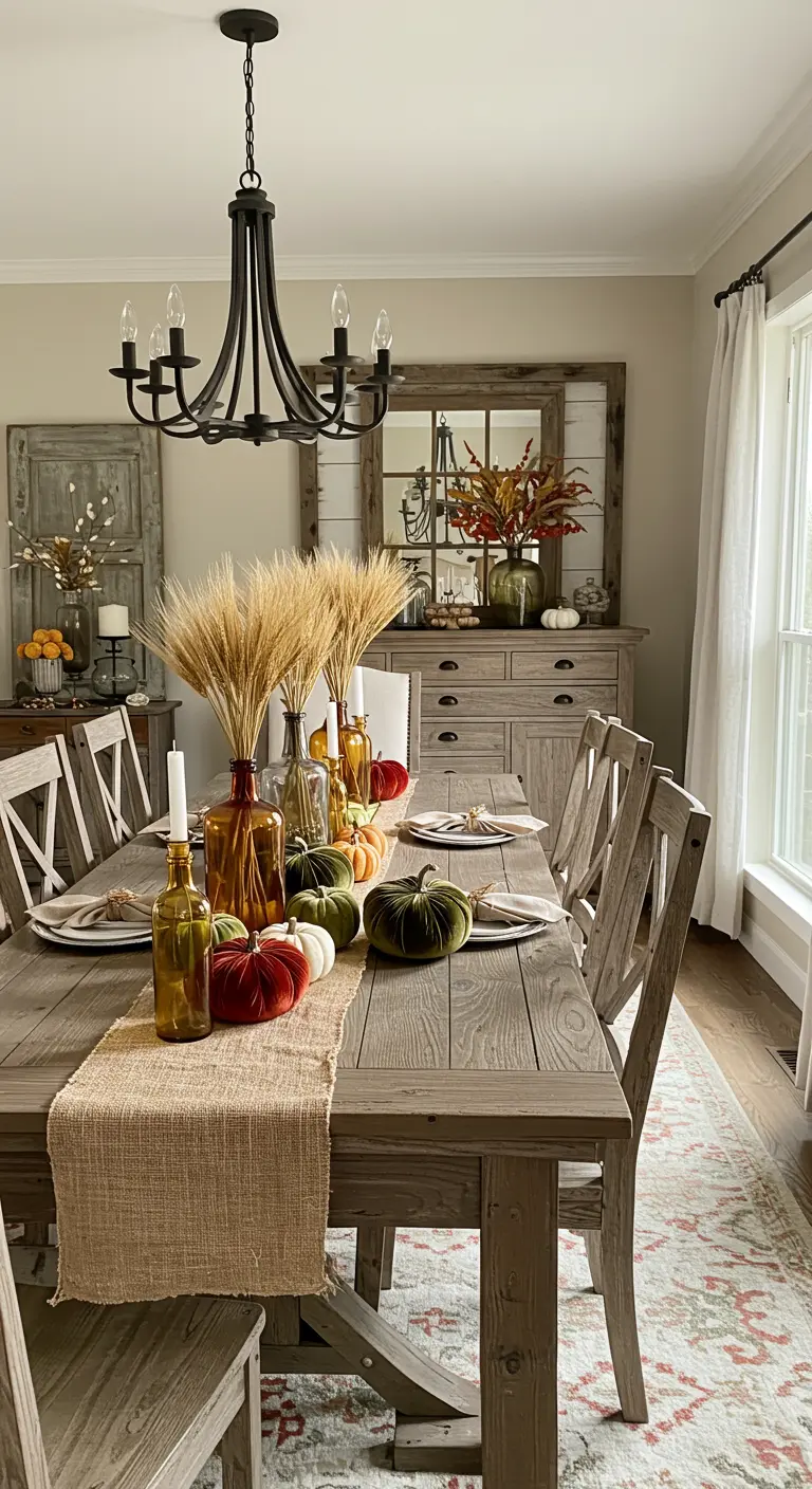 Fall dining table with burlap runner, amber glass, wheat stalks, and velvet pumpkins.