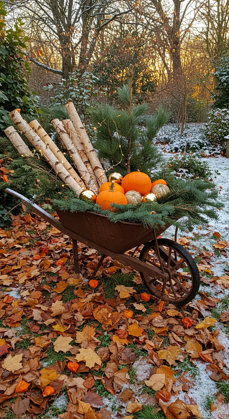 A rusty wheelbarrow filled with evergreens, pumpkins, gold baubles, and birch logs.