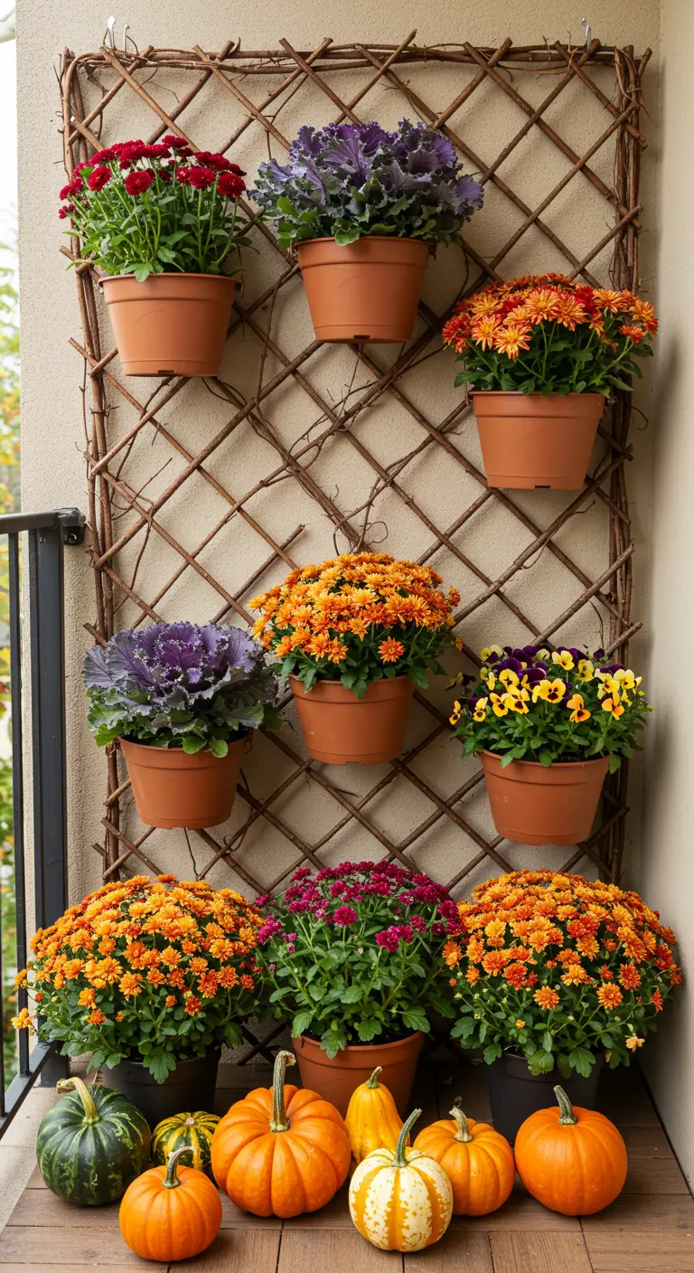 A rustic twig trellis decorated with pots of autumn flowers and pumpkins.