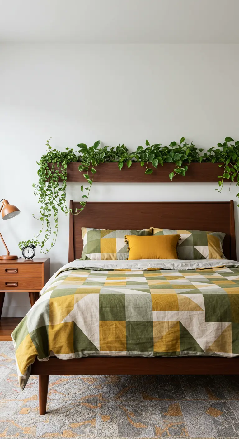 A mid-century modern bedroom with a trailing vine along the top of the headboard.