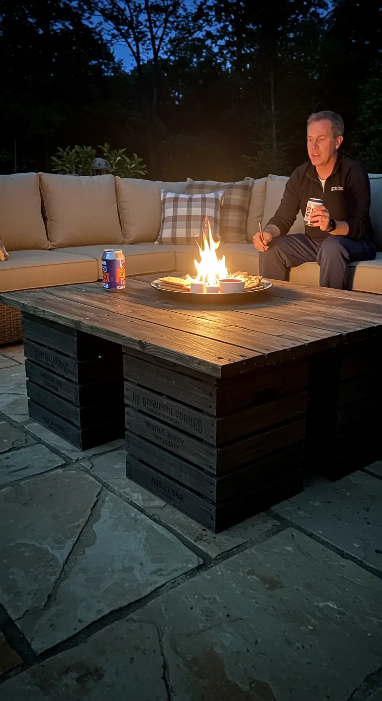 Rustic crate coffee table with a small fire pit inset in the center.