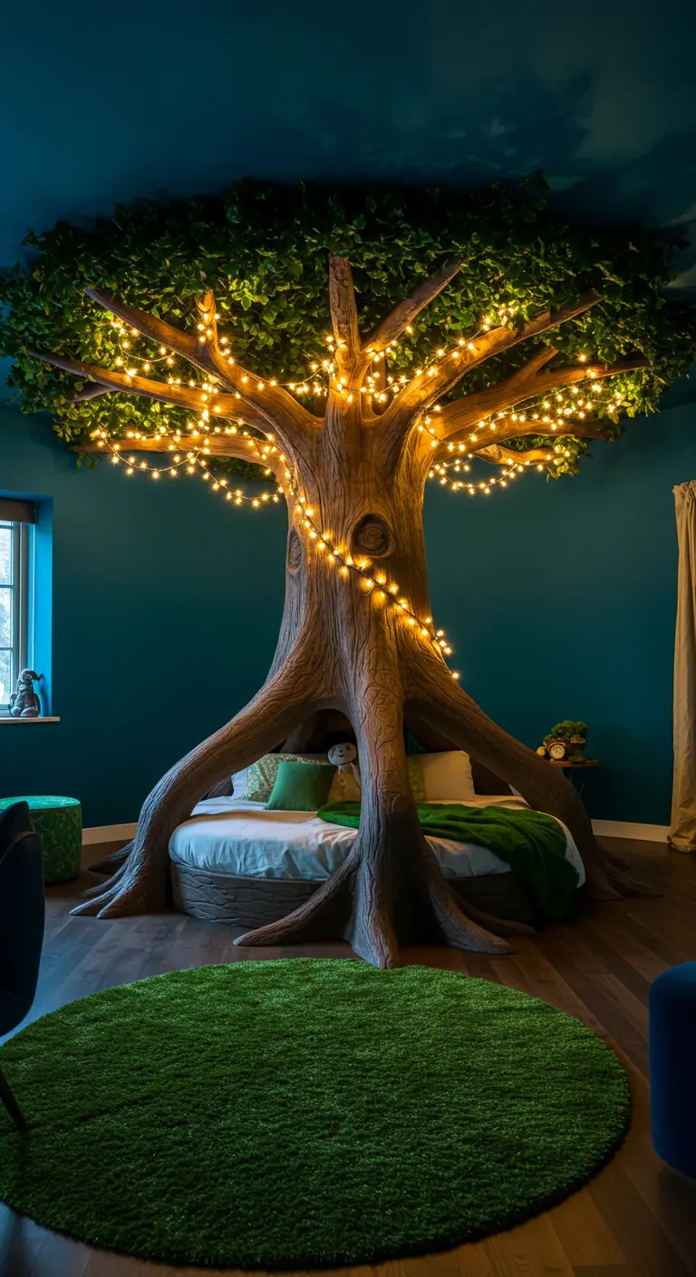 A whimsical round bed built into the base and roots of a large, fairy-light-covered tree.