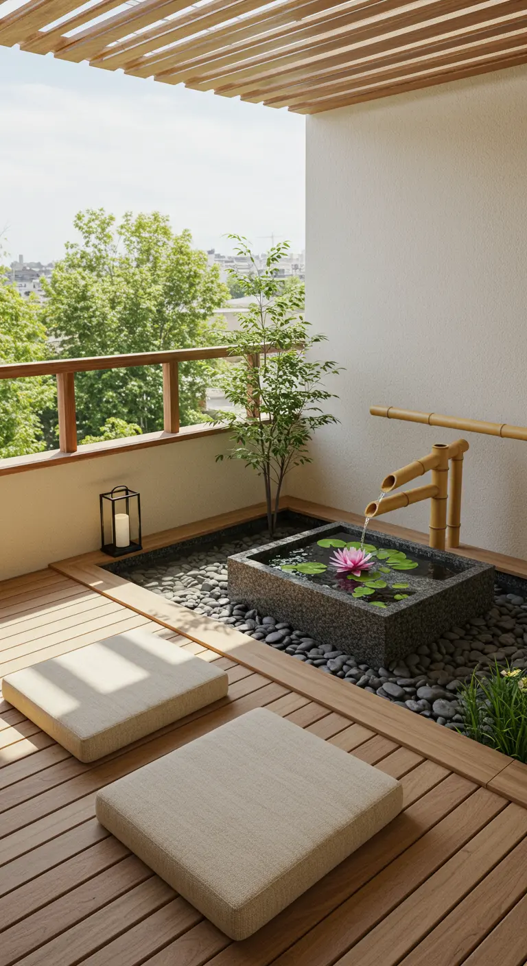 Balcony garden with a bamboo water fountain, small pond, and floor cushions.