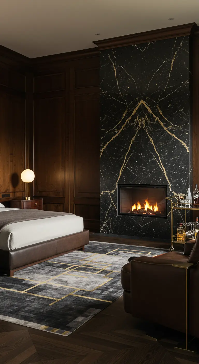 A luxurious bedroom with a black and gold marble fireplace, dark wood paneling, and a leather bed.